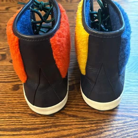 Tory Burch black leather & colorblock fleece yellow/blue/green/red/orange boots - Picture 8 of 10